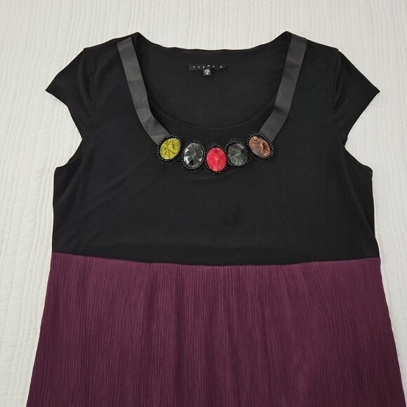Tiana A Line Dress Women's 12 Stretch Black & Purple Stones Cap Sleeve EUC - Picture 3 of 11